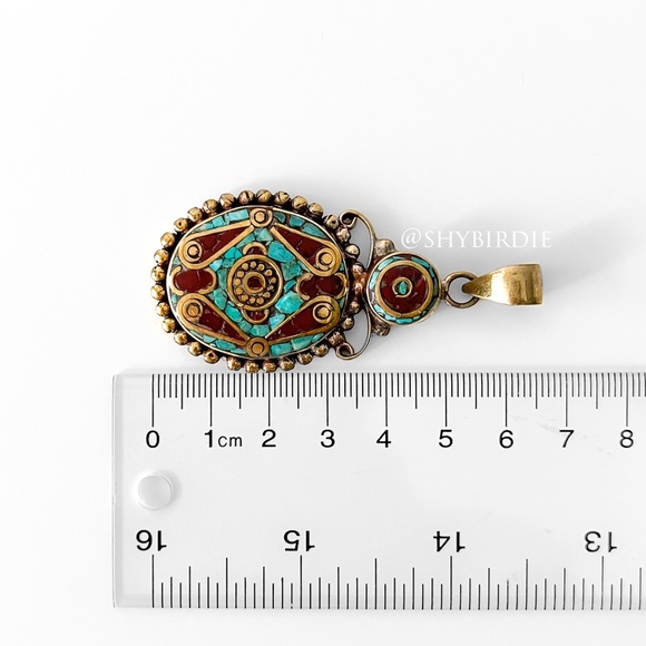 NEW Tibetan Artisan Handcrafted Mandala Pendant, Turquoise & Coral - Picture 5 of 8